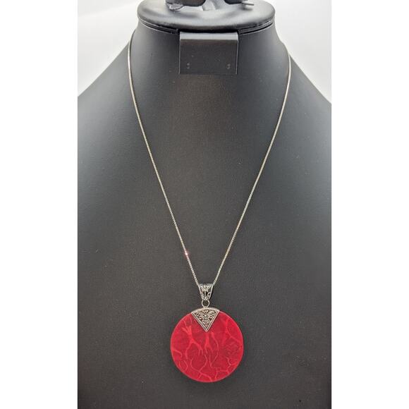 Vtg 925 Sterling Silver Bali Design Red Sponge Coral Pendant Box Chain Necklace - Picture 10 of 10
